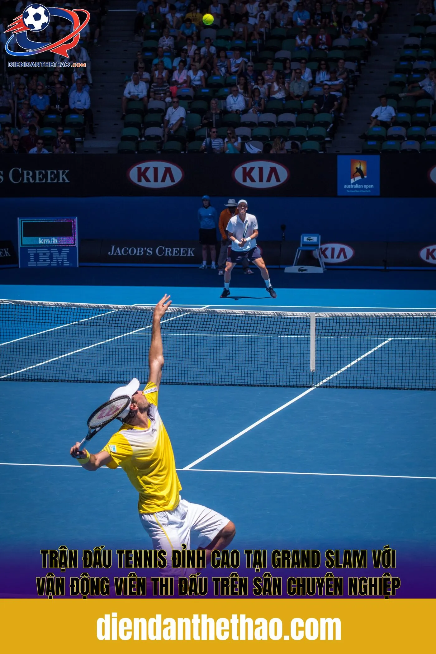 Trận đấu tennis đỉnh cao tại Grand Slam với vận động viên thi đấu trên sân chuyên nghiệp